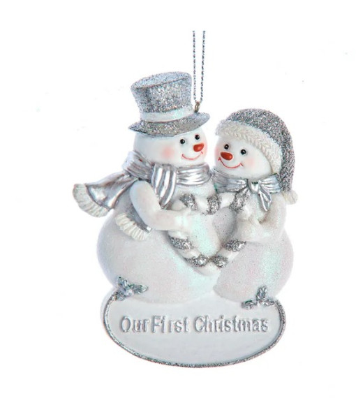 Blanc et argent « Notre 1er Noël » Ornement M. et Mme Bonhomme de neige