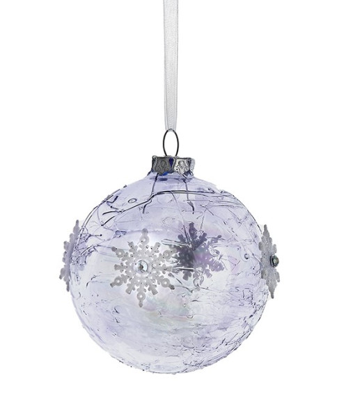 Ornement en forme de boule en verre lavande, bleue et irisée transparente
