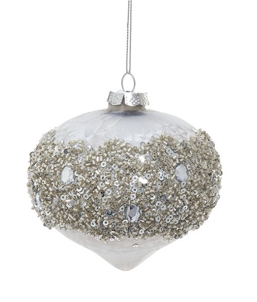 Ornement en verre en forme d'oignon recouvert de paillettes