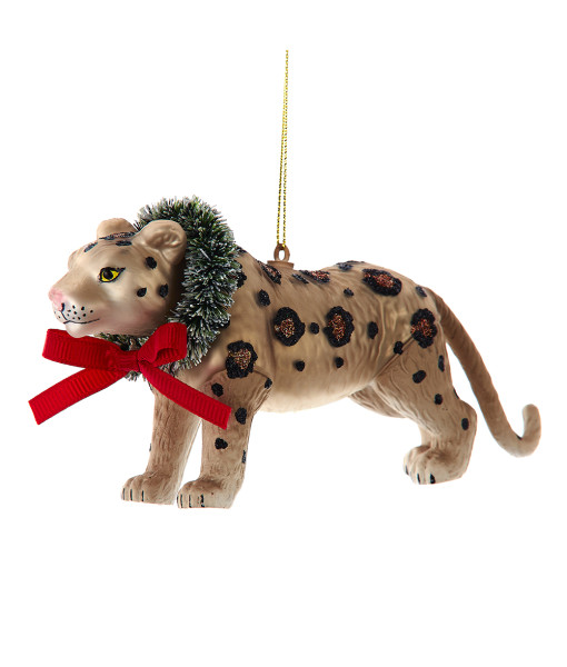 Ornement en verre, léopard de Noël avec collier festif