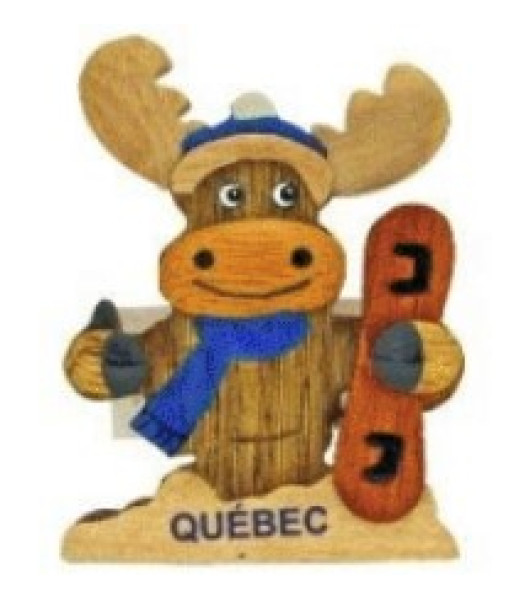 Ornement, Souvenir de Québec, Orignal avec planche à neige, fait en bois