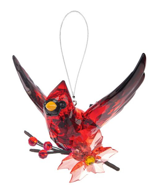 Ornement Cardinal Rouge Cristallin, sur fleur de poinsettia