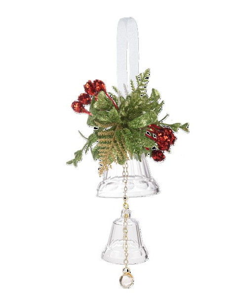 Ornement cristal à double cloche, avec du gui et des baies rouges