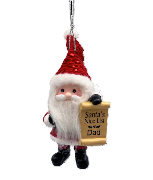 Ornement, le Père Noël avec sa liste des sages, mettant en vedette Papa