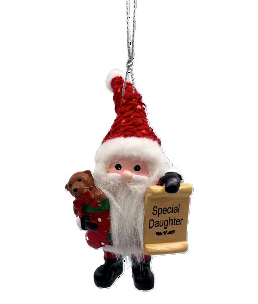 Ornement, le Père Noël avec sa liste de gentils, mettant en vedette une fille spéciale
