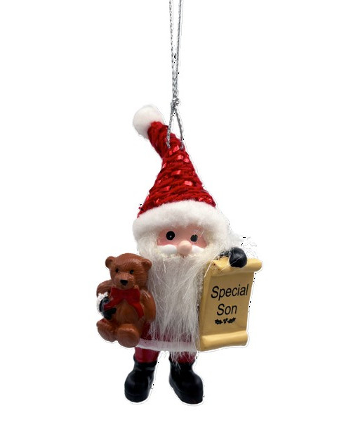 Ornement, le Père Noël avec sa liste de sages, mettant en vedette un Fils spécial