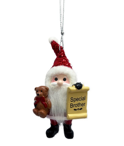 Ornement, le Père Noël avec sa liste de sages, mettant en vedette un frère spécial