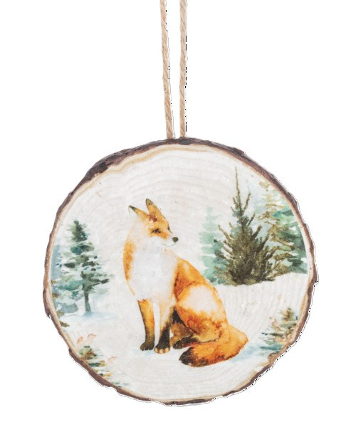 Ornement en bois, scène d'hiver avec un renard