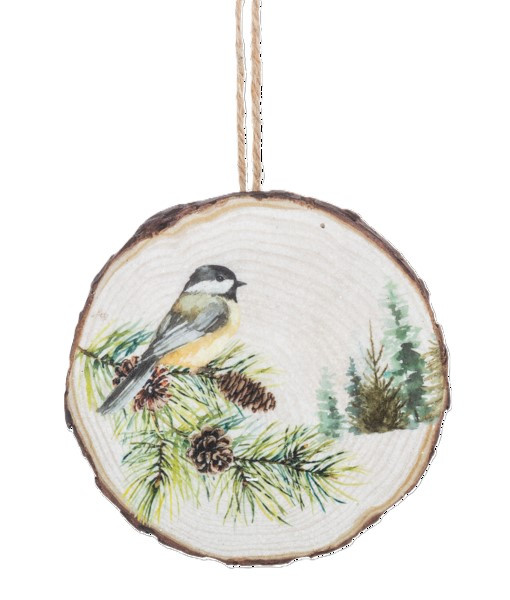 Ornement en bois, scène d'hiver avec un mésange
