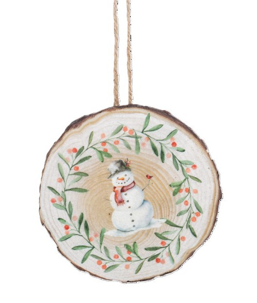 Ornement de style rustique, tranche de bois avec motif de bonhomme de neige