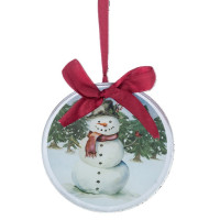 Ornement en verre peint, bonhomme de neige dans les bois avec ruban rouge