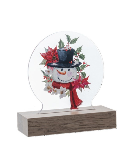 Décoration de table éclairée par LED, bonhomme de neige avec poinsettias et houx
