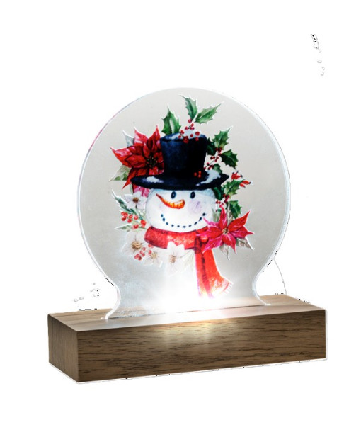 Décoration de table éclairée par LED, bonhomme de neige avec poinsettias et houx