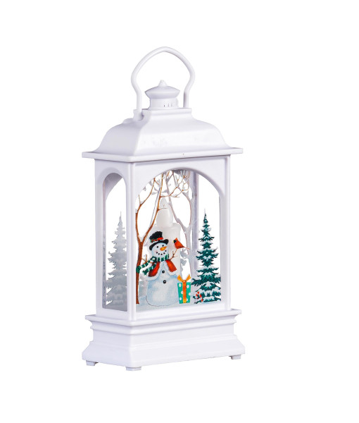 Décor de table, lanterne blanche avec scène de bonhomme de neige