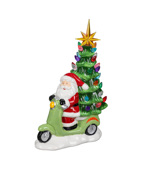 Pièce de table, Père Noël sur son scooter avec un sapin de Noël éclairé par LED