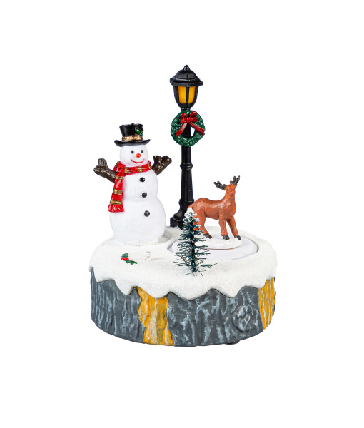Décoration musicale illuminée, scène de Noël sur une souche d'arbre, avec bonhomme de neige et cerf