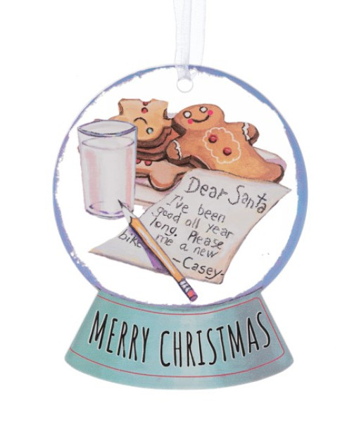 Ornement, boule à neige avec des biscuits en pain d'épice et une lettre au Père Noël