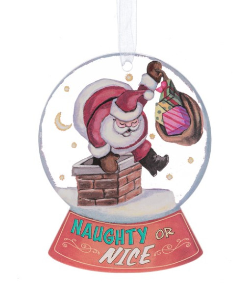 Ornement, boule à neige avec le Père Noël descendant d’une cheminée