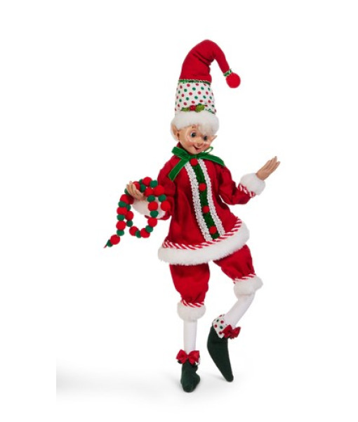 Décoration de table, elfe articulé en rouge avec guirlande