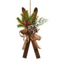 Rustic Style Ornament, Set of Skis with Pine and Holly