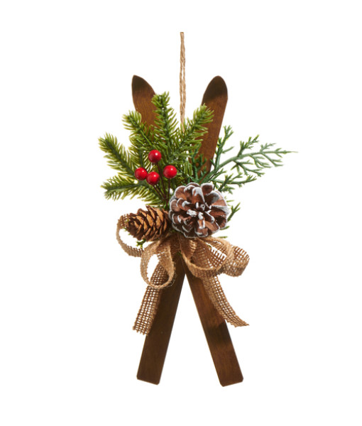 Rustic Style Ornament, Set of Skis with Pine and Holly