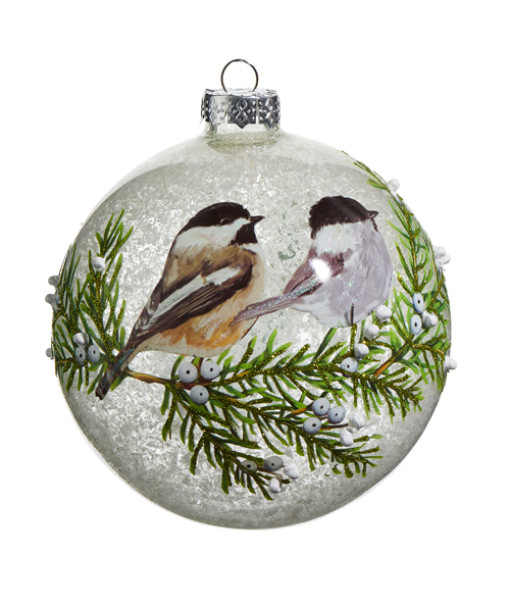 Ornement en verre texturé, mésanges sur une branche de conifère