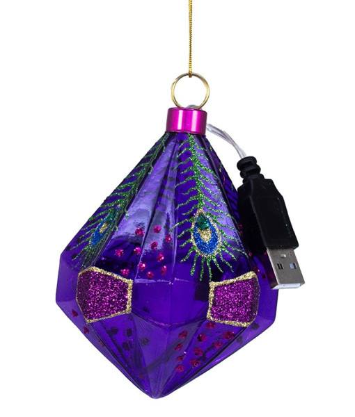 Ornement en verre, éclairé par LED, avec motif de plume de paon