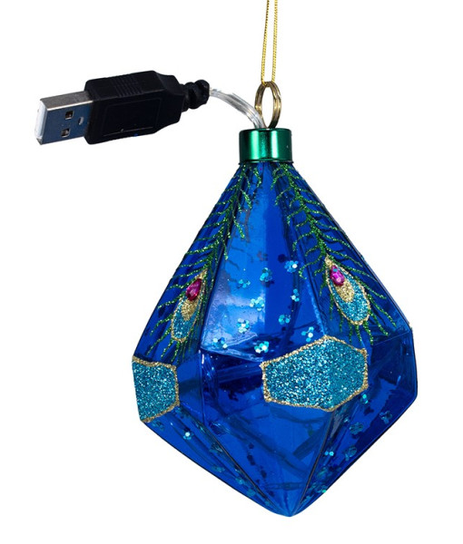 Ornement en verre, éclairé par LED, avec motif de plume de paon