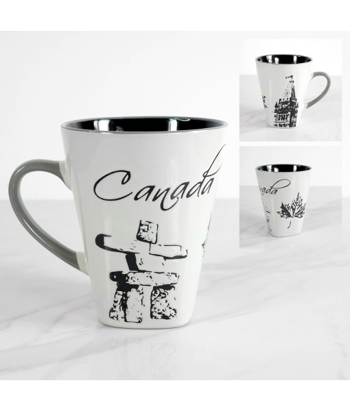 Mug souvenir, design Inukshuk/Tour de la paix/Feuille d'érable