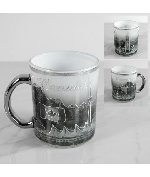 Mug en verre argenté souvenir, avec divers symboles canadiens, 11 oz