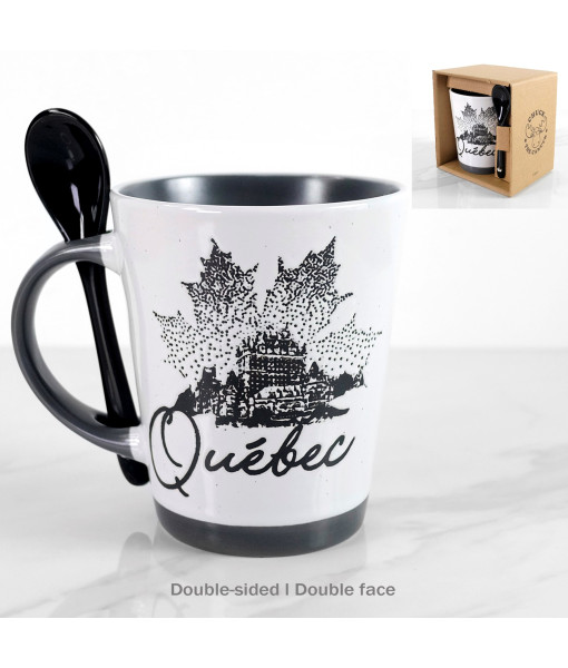 Souvenir de Québec, tasse de 12 oz avec cuillère, gris/blanc
