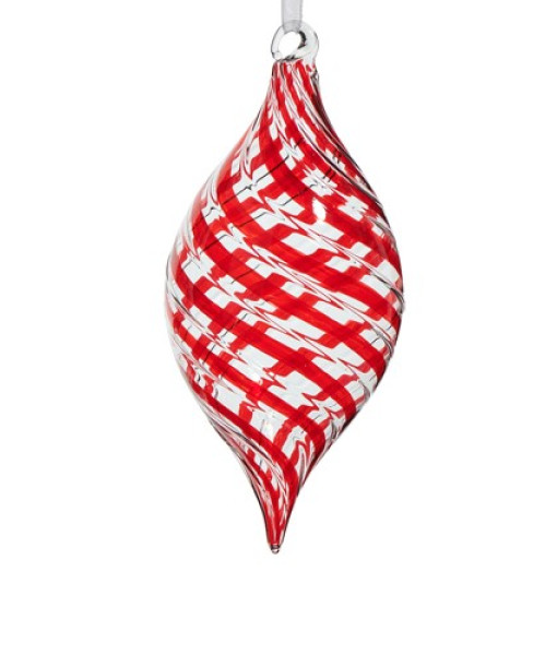 Ornement en verre, tourbillon de menthe poivrée, en forme de finial, mesurant 10 centimètres.