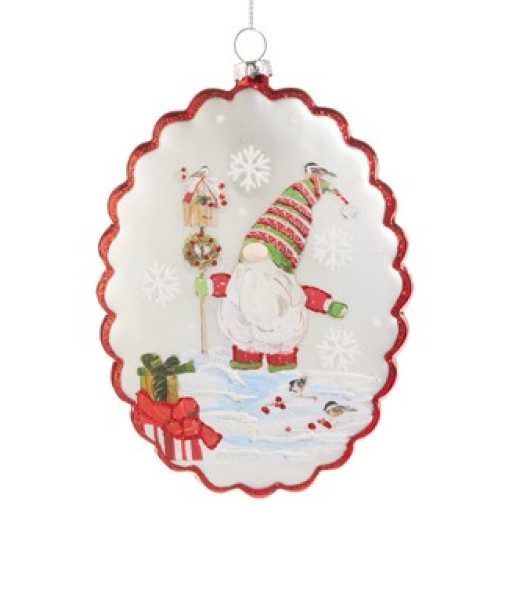 Ornement en verre, disque en verre, avec motif de gnome d'hiver