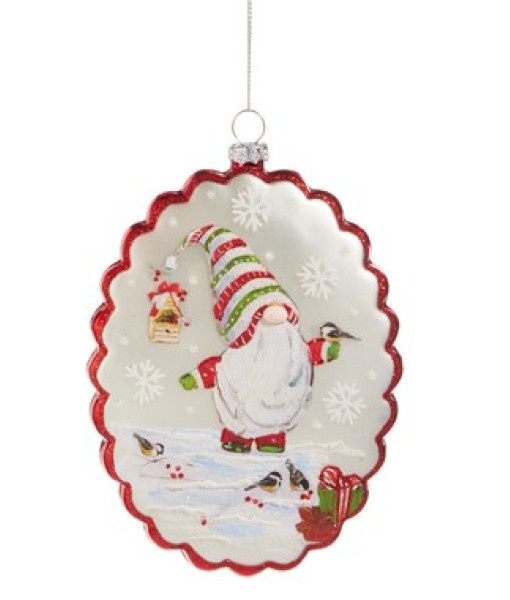 Ornement en verre, disque en verre, avec motif de gnome d'hiver, mesure 5,5 pouces