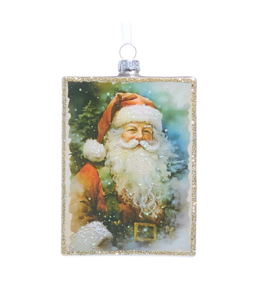 Ornement en verre, Santa des Voeux, mesure 5 pouces, plaque en verre givré.