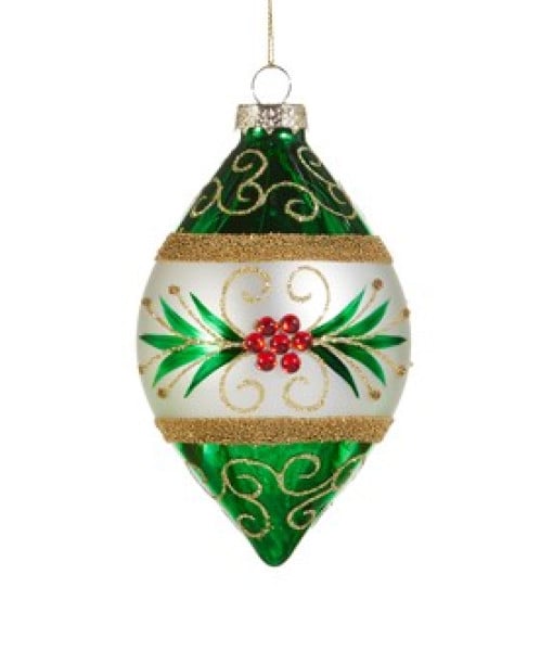 Ornement en verre, ornement de style oignon avec motif vert émeraude et baies rouges Ornement en verre, ornement de style oignon avec motif vert émeraude et baies rouges