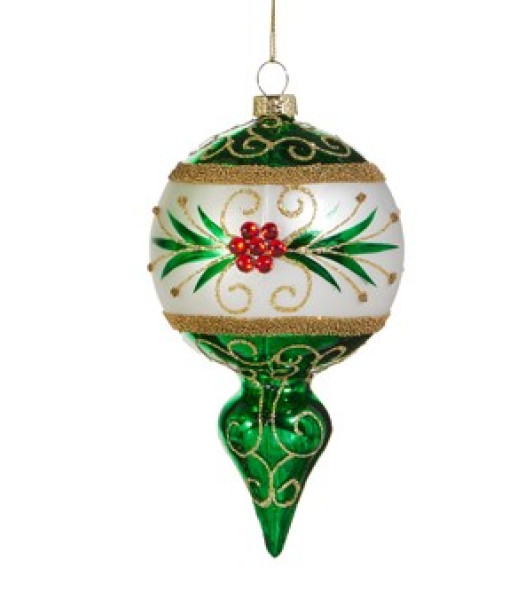 Ornement en verre, ornement de style filiale en verre avec motif vert émeraude et baies rouges Ornement en verre, ornement de style filiale en verre avec motif vert émeraude et baies rouges