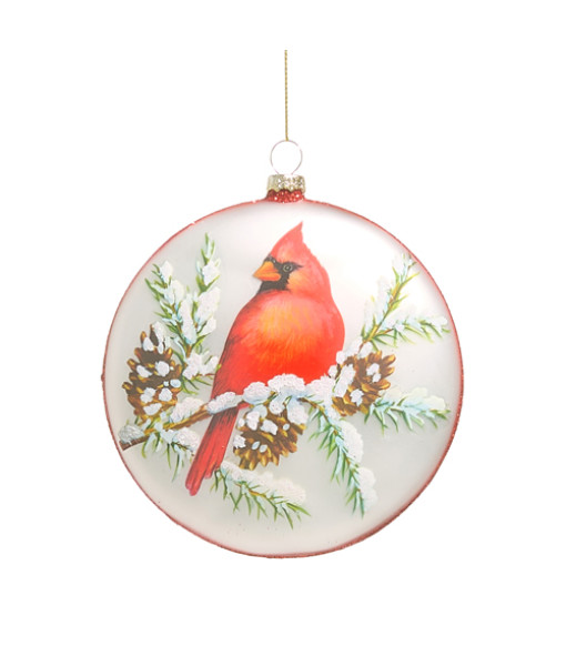 Ornement en verre en forme de disque, cardinal des forêts d'hiver