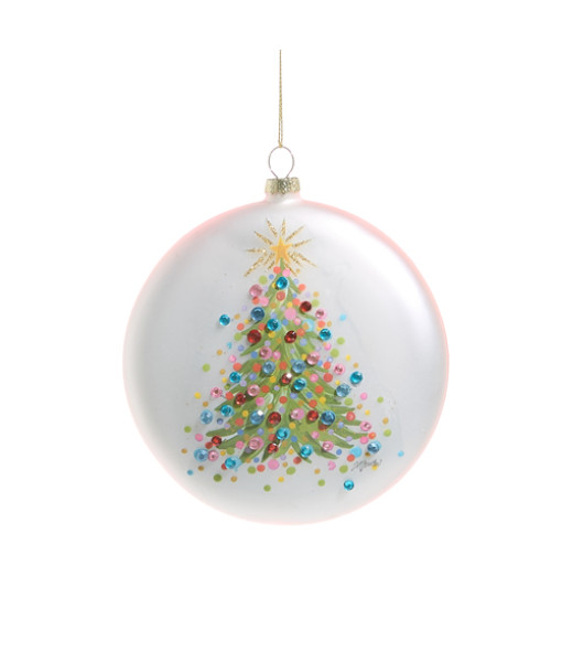 Ornement en verre, disque en verre avec arbre en confettis