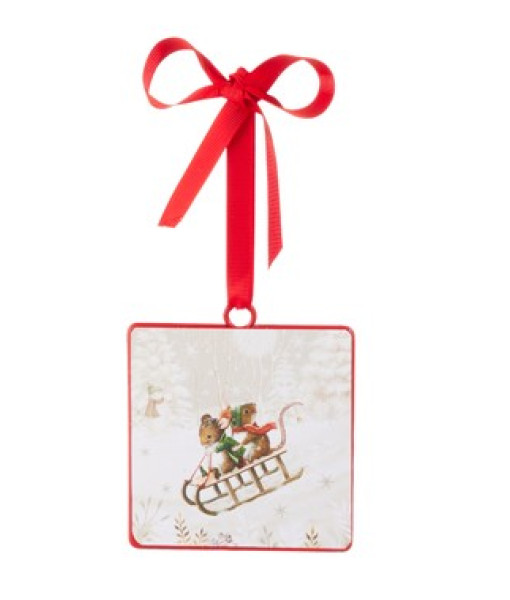 Ornement de 4 pouces, avec un ruban rouge, une paire de souris sur une traîneau.