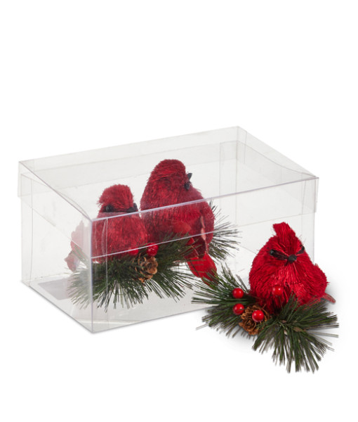 Cardinaux rouges avec baies et feuillage, décoration à pince