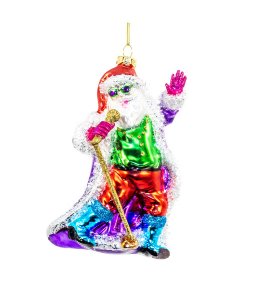 Ornement en verre, Père Noël chantant, Finition pailletée Ornement en verre, Père Noël chantant, Finition pailletée
