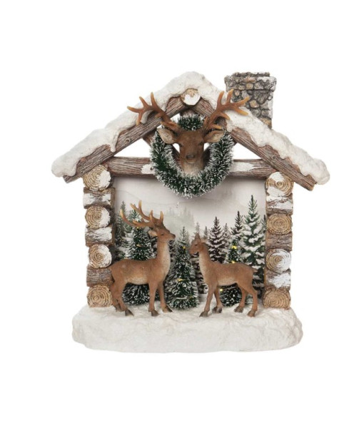 Décoration de table, maison rustique, éclairée par LED, avec cerf