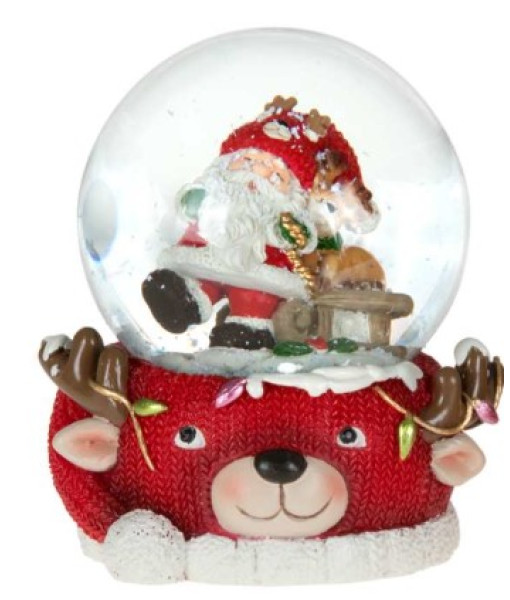 Décor de table, mini boule à neige, Père Noël sur une tête de cerf, mesure 65 mm