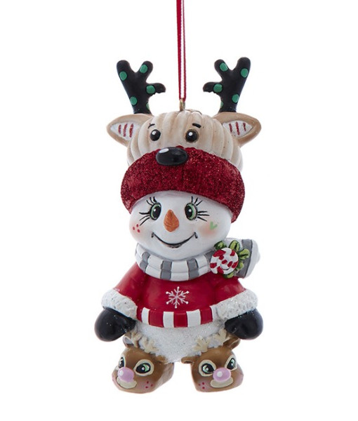 Ornement, bonhomme de neige avec un chapeau de renne et des pantoufles