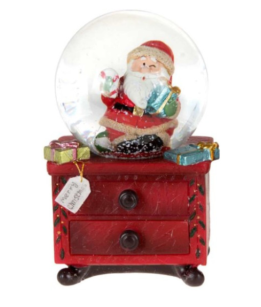 Décor de table, mini dôme aquatique, Santa sur une commode rouge