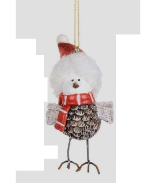 Oiseau en pomme de pin avec chapeau rouge, ornement