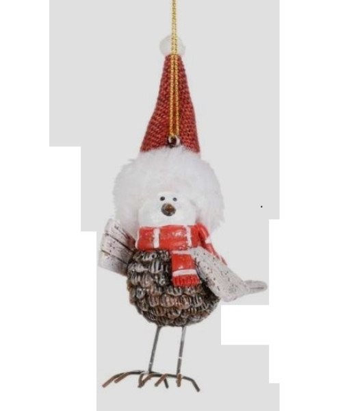 Oiseau en pomme de pin avec chapeau rouge, ornement
