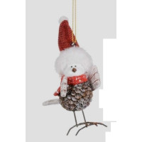 Oiseau en pomme de pin avec chapeau rouge, ornement