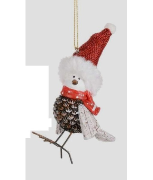 Oiseau en pomme de pin avec chapeau rouge, ornement